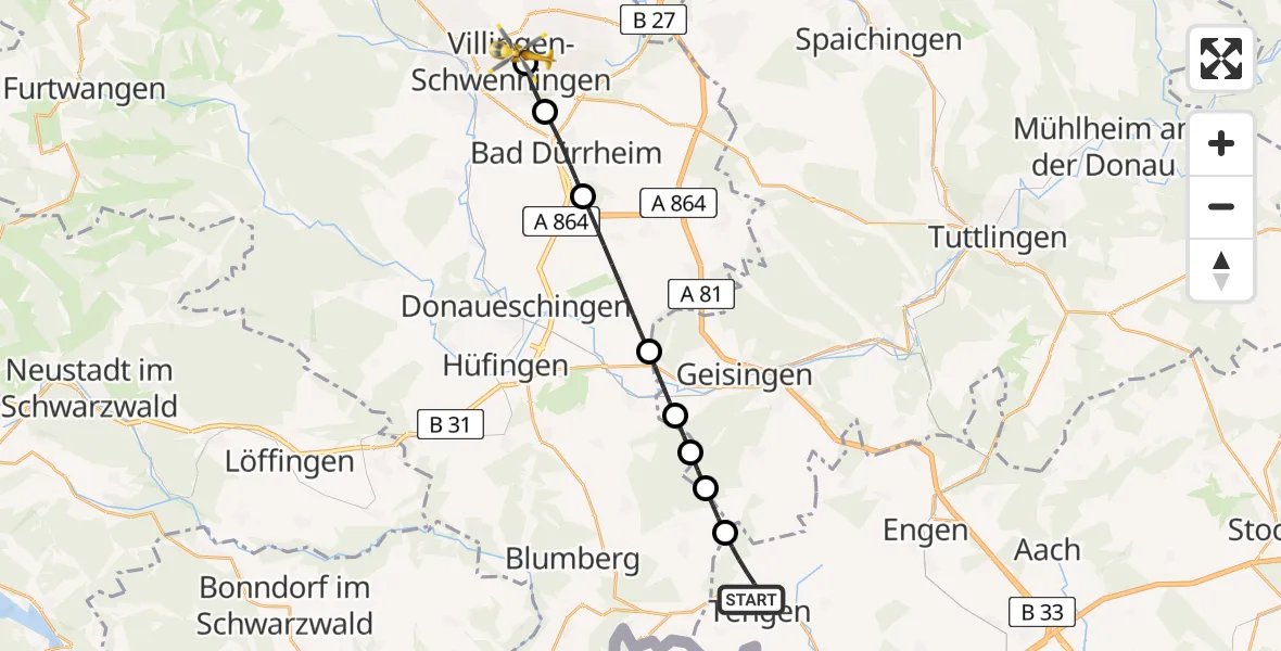 Flugroute Rettungshubschrauber Tengen - DRF Air Rescue Station Villingen-Schwenningen Hubschrauberlandeplatz (Christoph 11), 22 April 2026, 15:59