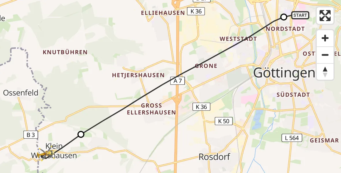 Flugroute Rettungshubschrauber Göttingen University Clinic Hubschrauberlandeplatz - Rosdorf, 22 April 2026, 16:00