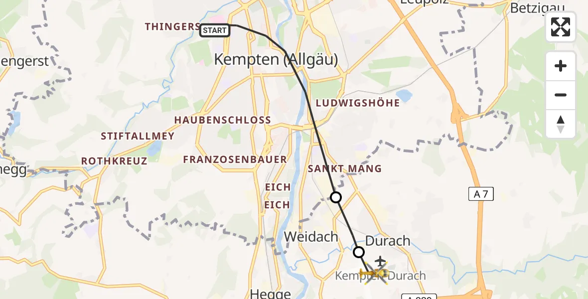 Flugroute Rettungshubschrauber Kempten (Allgäu) - Kempten-Durach Flugplatz, 22 April 2026, 16:01