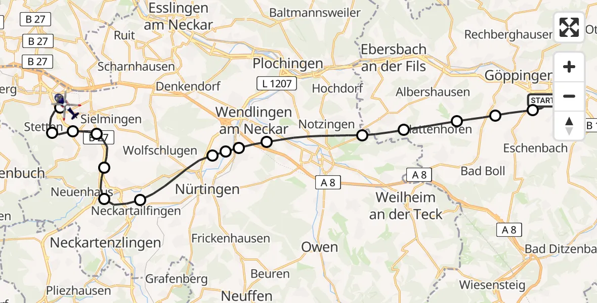 Flugroute Polizeihubschrauber Göppingen - Flughafen Stuttgart, 22 April 2026, 16:06