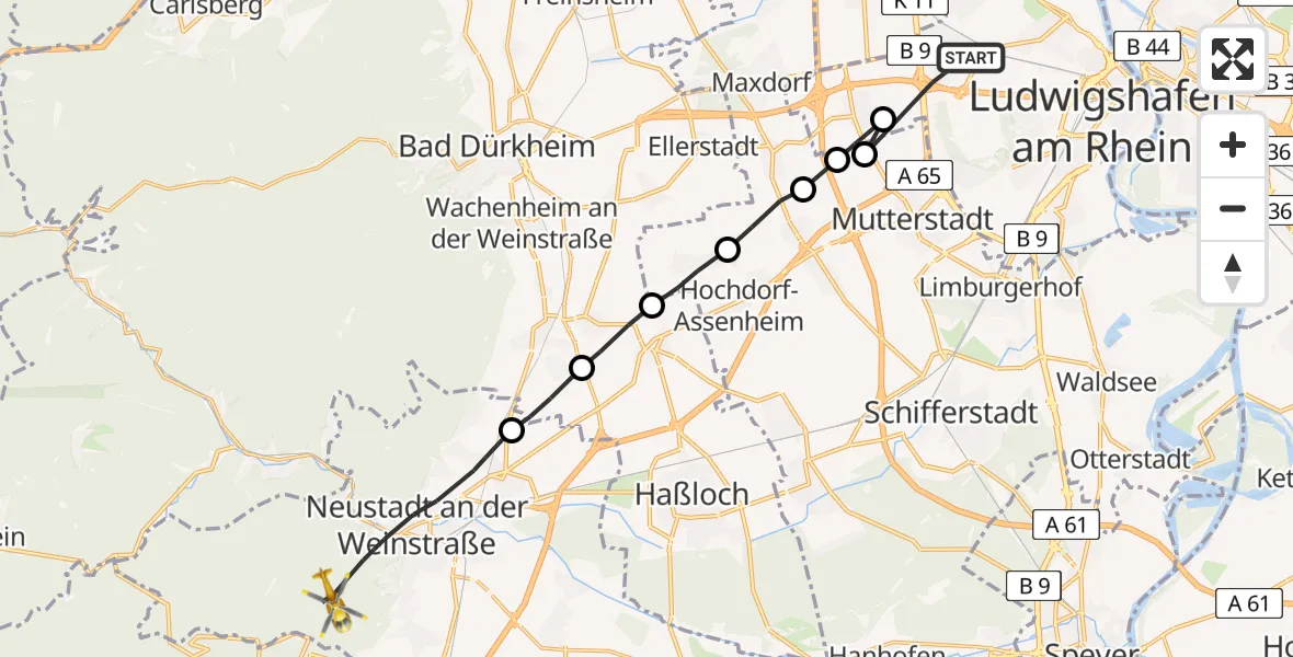 Flugroute Rettungshubschrauber Ludwigshafen am Rhein - Neustadt an der Weinstraße, 22 April 2026, 16:15