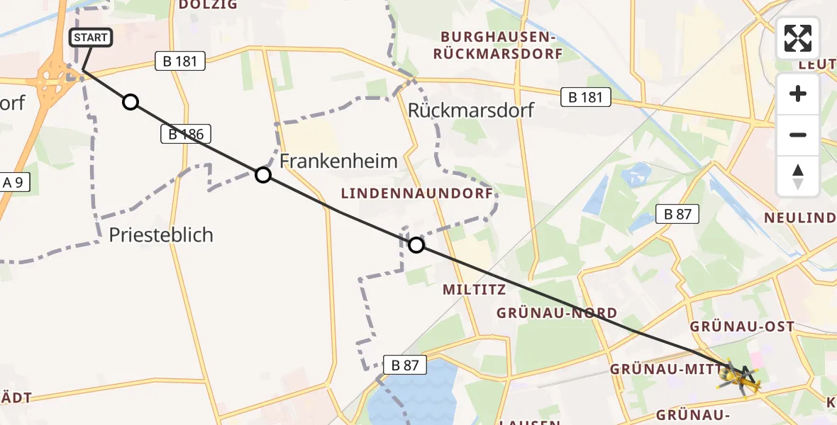 Flugroute Rettungshubschrauber ADAC Air Rescue Station Leipzig/Schkeuditz-Dölzig Hubschrauberlandeplatz (Christoph 61) - Leipzig, 22 April 2026, 16:16