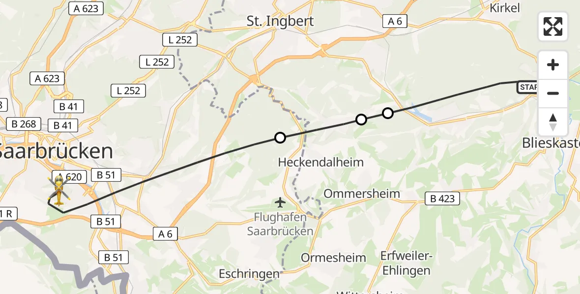 Flugroute Rettungshubschrauber Blieskastel - Saarbrücken, 22 April 2026, 16:16