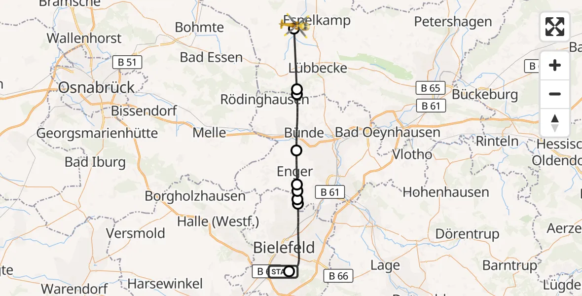 Flugroute Rettungshubschrauber Luftrettungszentrum Bielefeld - Espelkamp, 22 April 2026, 16:17