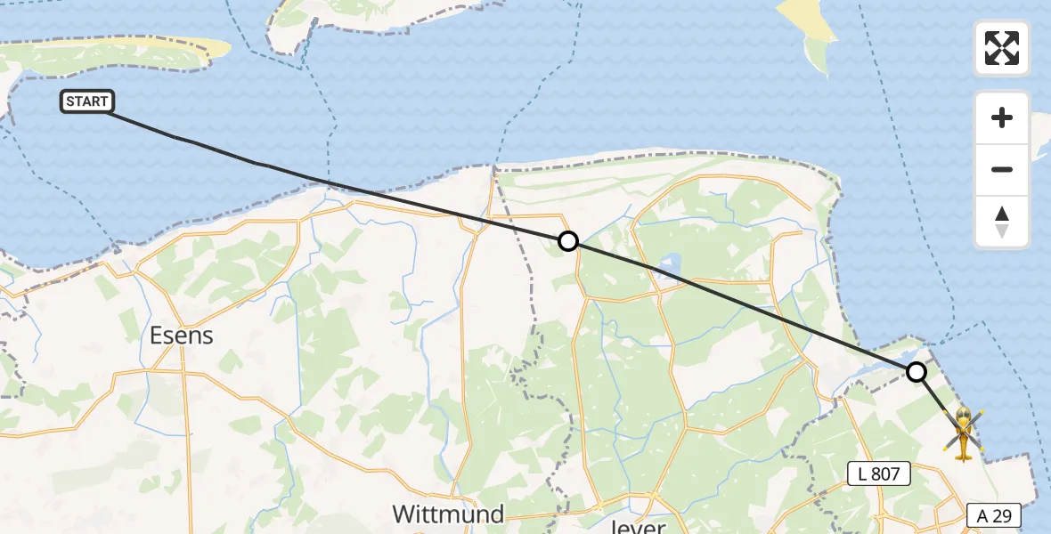 Flugroute Rettungshubschrauber Noordzee - Wilhelmshaven, 22 April 2026, 16:21