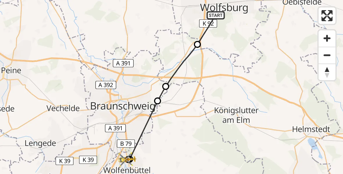 Flugroute Rettungshubschrauber Wolfsburg - Wolfenbüttel Municipal Hospital Heliport (Christoph 30), 22 April 2026, 16:22
