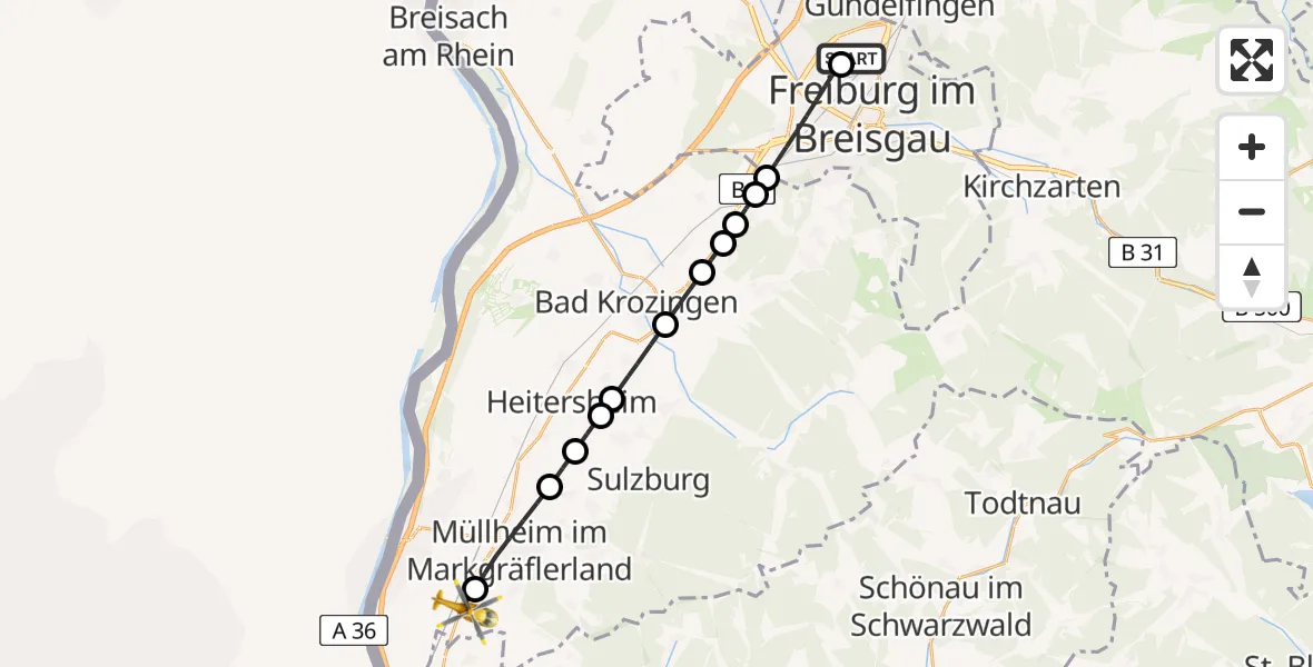 Flugroute Rettungshubschrauber Freiburg im Breisgau Flugplatz - Auggen, 22 April 2026, 16:33