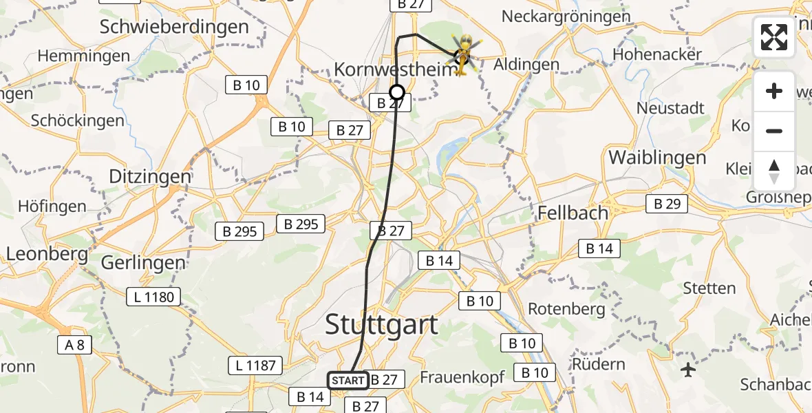 Flugroute Rettungshubschrauber Stuttgart - Pattonville Flugplatz, 22 April 2026, 16:33