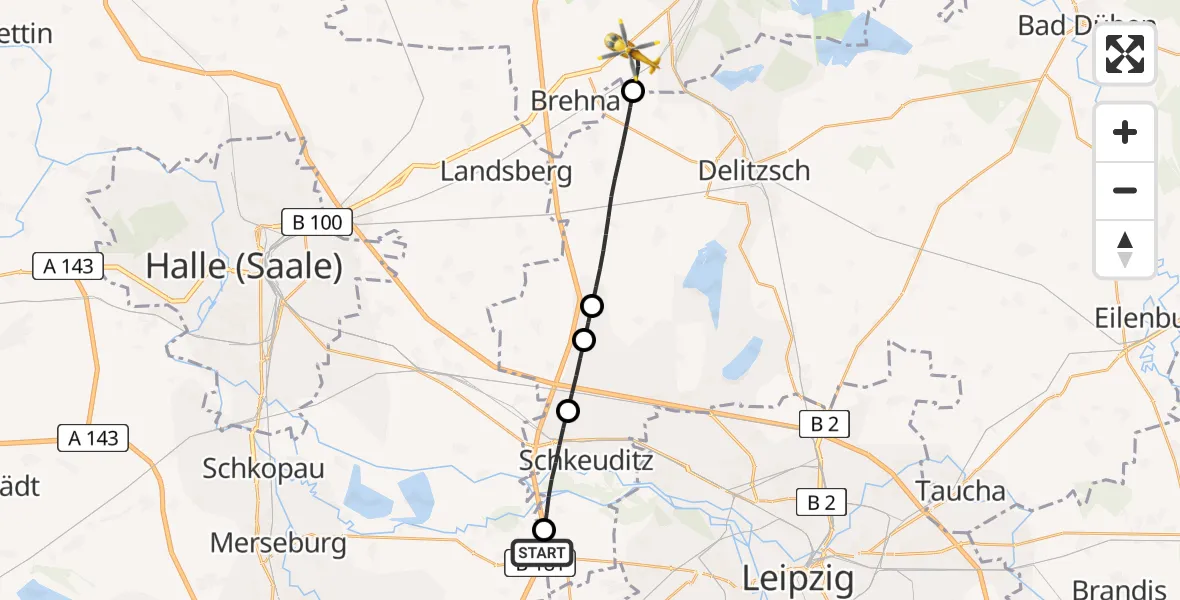Flugroute Rettungshubschrauber ADAC Air Rescue Station Leipzig/Schkeuditz-Dölzig Hubschrauberlandeplatz (Christoph 61) - Sandersdorf-Brehna, 22 April 2026, 16:43