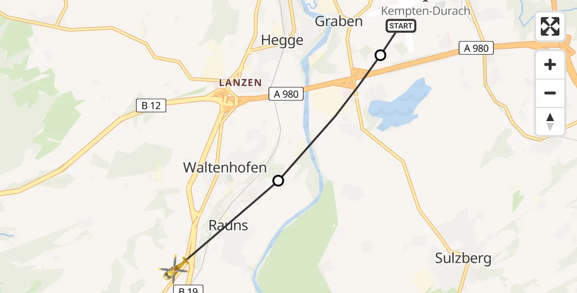 Flugroute Rettungshubschrauber Kempten-Durach Flugplatz - Waltenhofen, 22 April 2026, 16:49