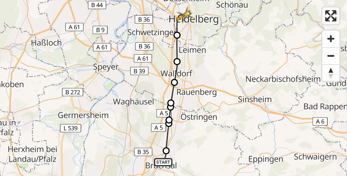 Flugroute Rettungshubschrauber Bruchsal - Heidelberg, 22 April 2026, 16:53