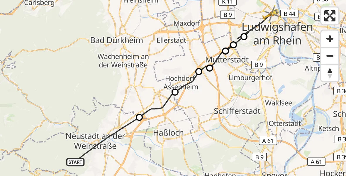 Flugroute Rettungshubschrauber Neustadt an der Weinstraße - Ludwigshafen am Rhein, 22 April 2026, 16:54