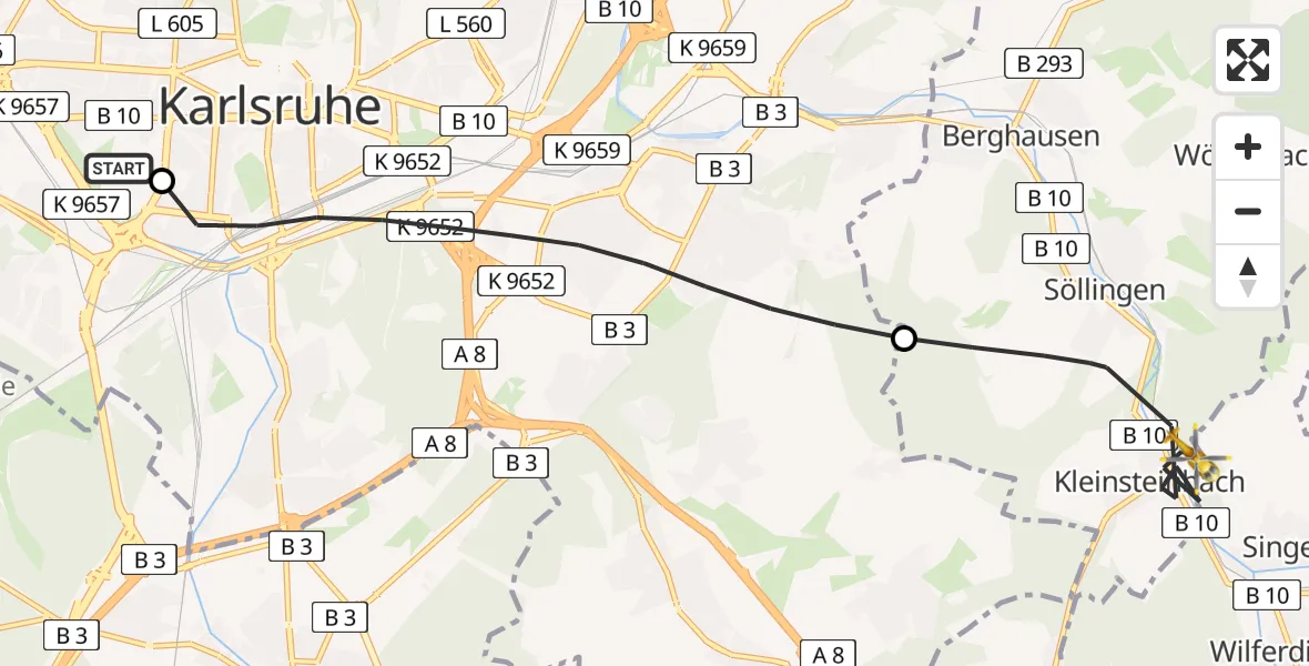 Flugroute Rettungshubschrauber Sankt Vincentius Hospital - Pfinztal, 22 April 2026, 16:59