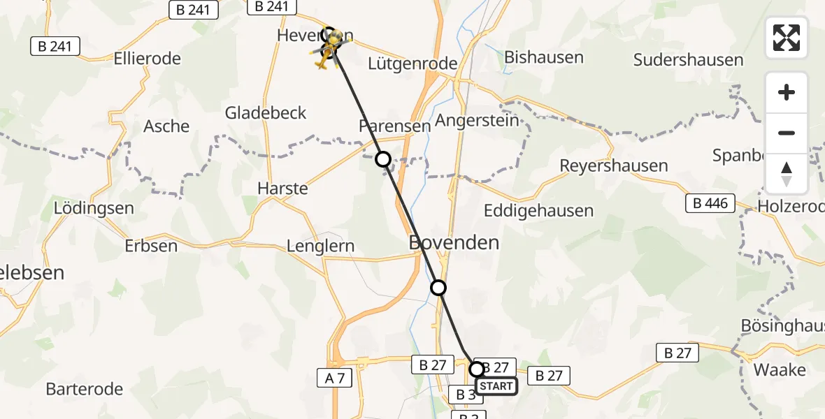 Flugroute Rettungshubschrauber Göttingen University Clinic Hubschrauberlandeplatz - Hardegsen, 22 April 2026, 17:00
