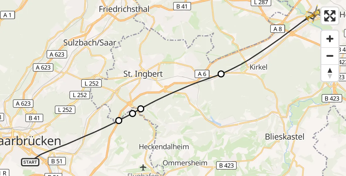 Flugroute Rettungshubschrauber Saarbrücken - Kirkel, 22 April 2026, 17:14