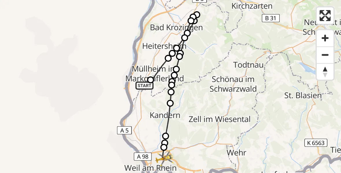 Flugroute Rettungshubschrauber Auggen - Lörrach, 22 April 2026, 17:18