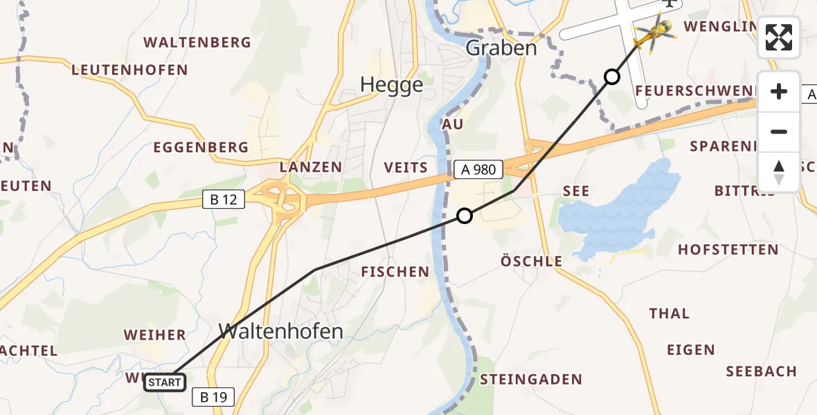Flugroute Rettungshubschrauber Waltenhofen - Kempten-Durach Flugplatz, 22 April 2026, 17:28