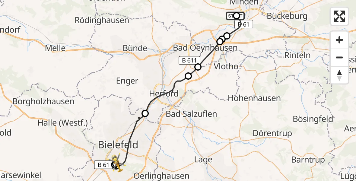 Flugroute Rettungshubschrauber Minden - Luftrettungszentrum Bielefeld, 22 April 2026, 17:28