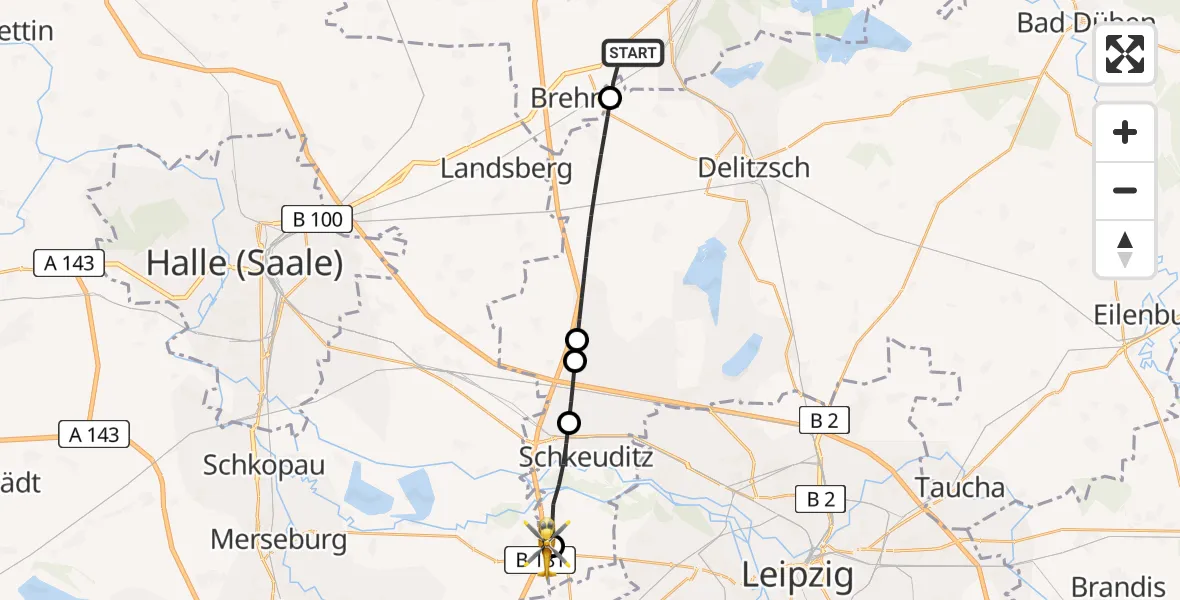 Flugroute Rettungshubschrauber Sandersdorf-Brehna - ADAC Air Rescue Station Leipzig/Schkeuditz-Dölzig Hubschrauberlandeplatz (Christoph 61), 22 April 2026, 17:31