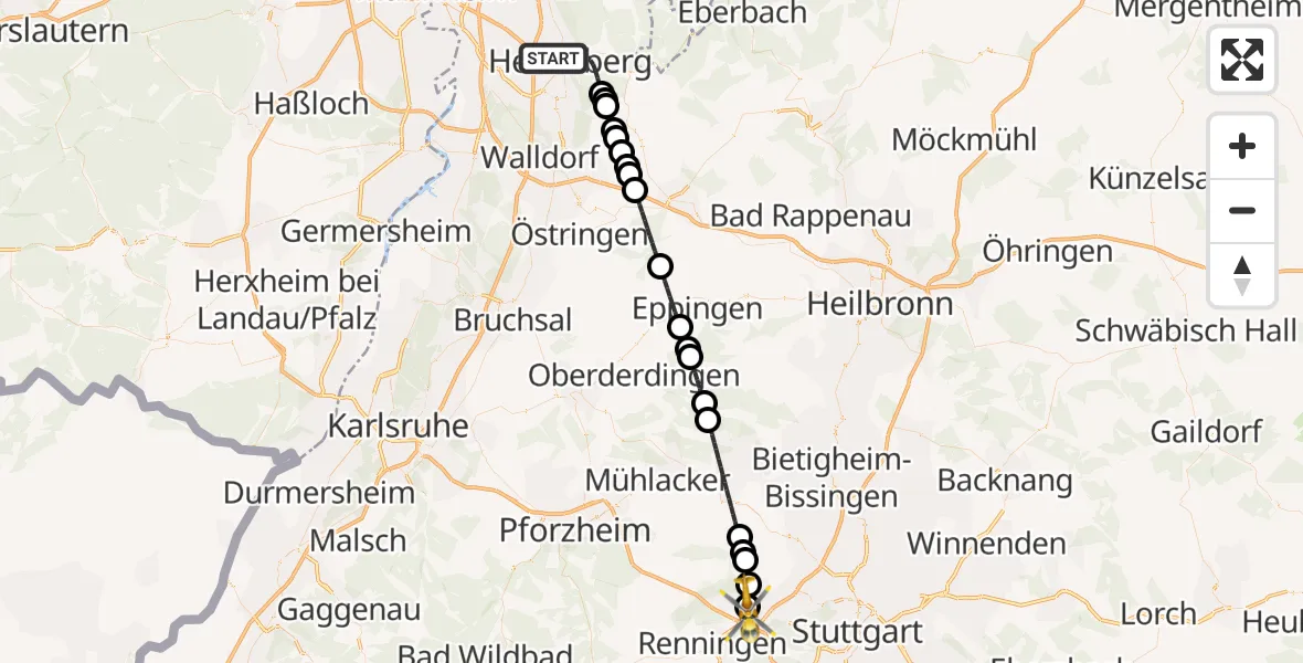 Flugroute Rettungshubschrauber Heidelberg - Leonberg Hospital Hubschrauberlandeplatz, 22 April 2026, 17:46