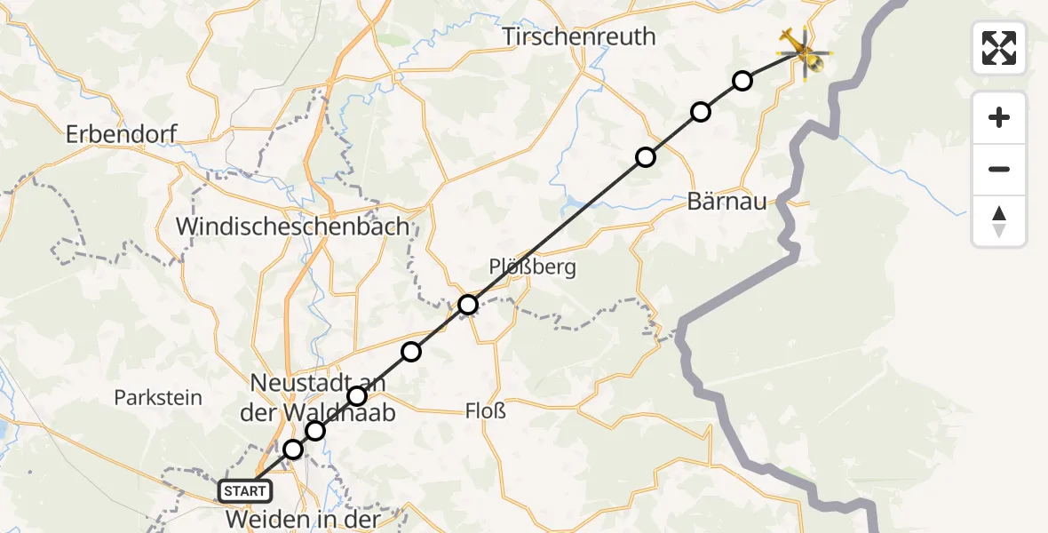 Flugroute Rettungshubschrauber Weiden i.d.OPf. - Mähring, 22 April 2026, 17:46