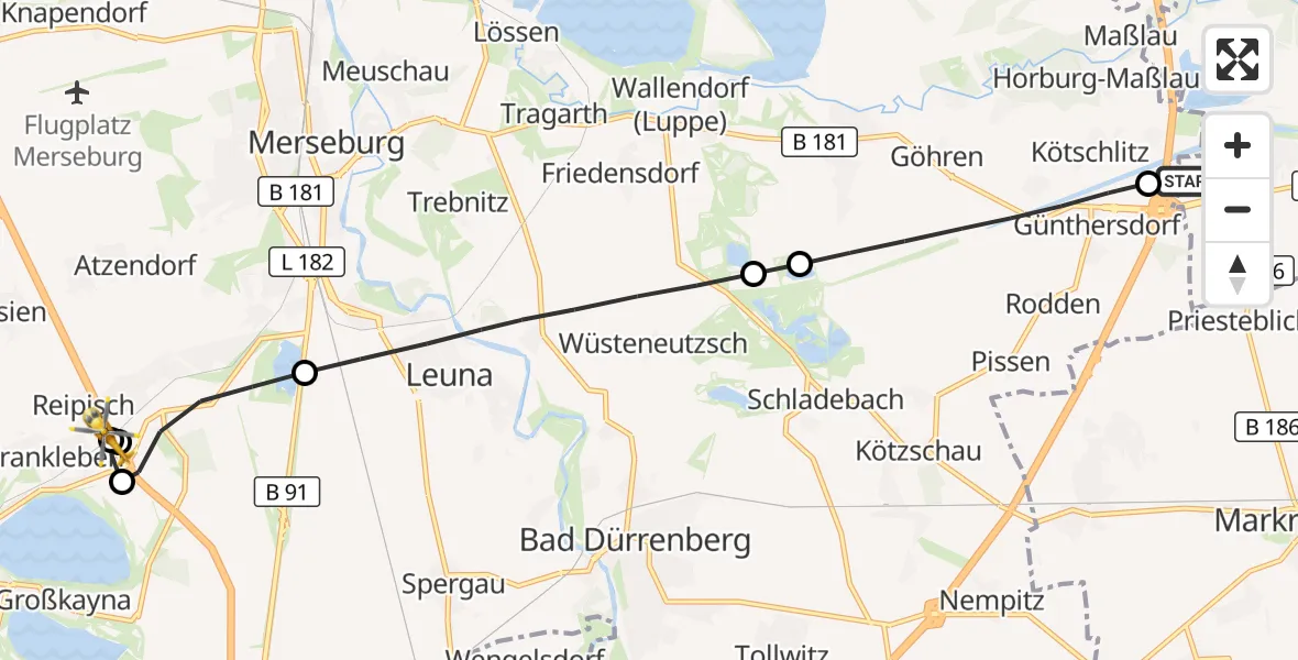 Flugroute Rettungshubschrauber ADAC Air Rescue Station Leipzig/Schkeuditz-Dölzig Hubschrauberlandeplatz (Christoph 61) - Braunsbedra, 22 April 2026, 17:47
