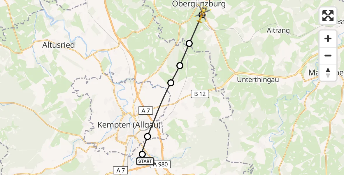Flugroute Rettungshubschrauber Kempten-Durach Flugplatz - Obergünzburg, 22 April 2026, 17:51