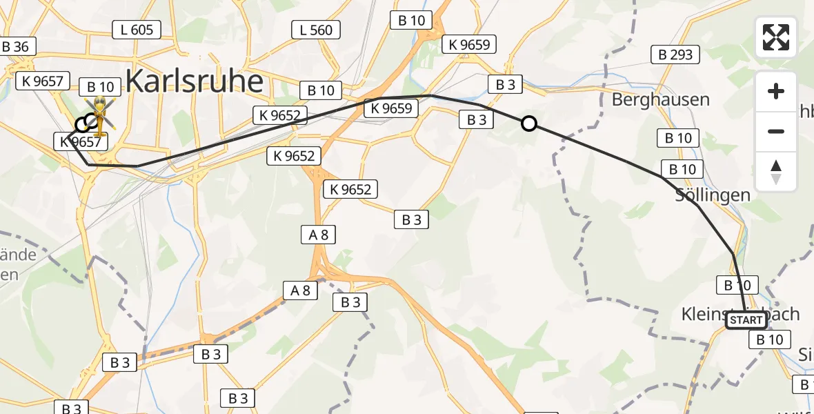 Flugroute Rettungshubschrauber Pfinztal - Sankt Vincentius Hospital, 22 April 2026, 17:56