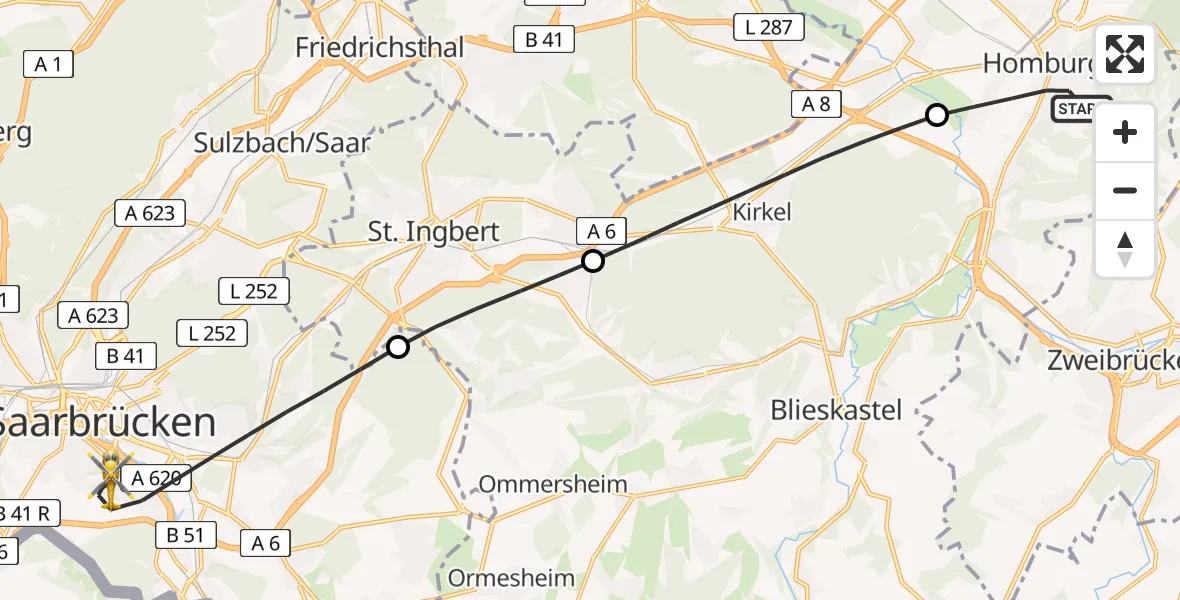 Flugroute Rettungshubschrauber Homburg - Saarbrücken, 22 April 2026, 18:00