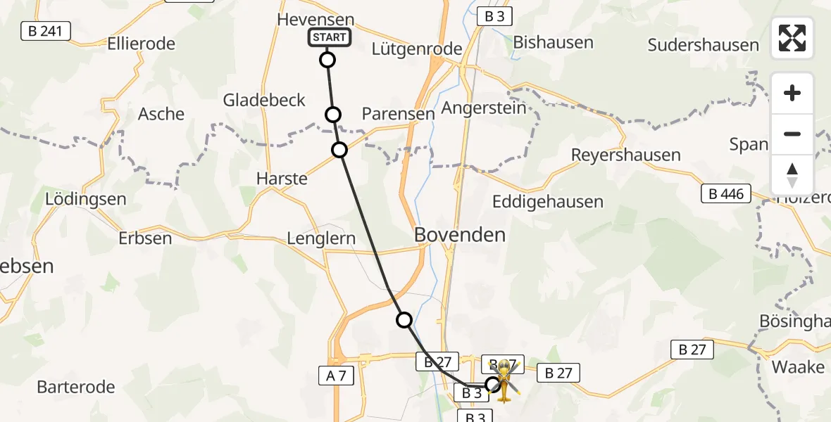 Flugroute Rettungshubschrauber Hardegsen - Göttingen University Clinic Hubschrauberlandeplatz, 22 April 2026, 18:03