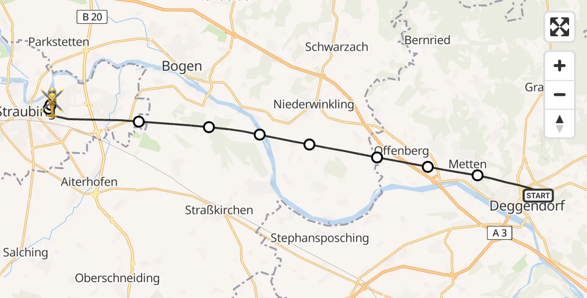 Flugroute Rettungshubschrauber Deggendorf - Sankt Elisabeth Hospital Straubing, 22 April 2026, 18:11
