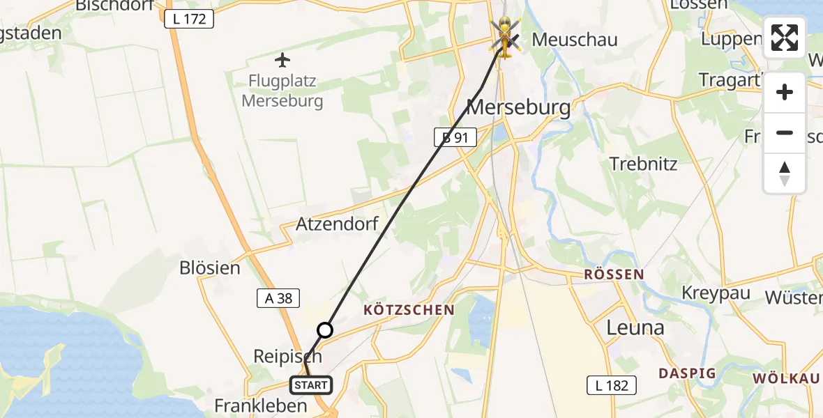 Flugroute Rettungshubschrauber Braunsbedra - Merseburg, 22 April 2026, 18:12