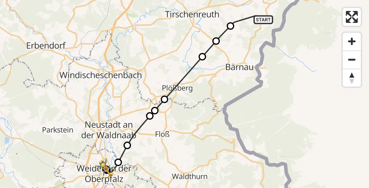 Flugroute Rettungshubschrauber Mähring - Weiden Hospital, 22 April 2026, 18:13