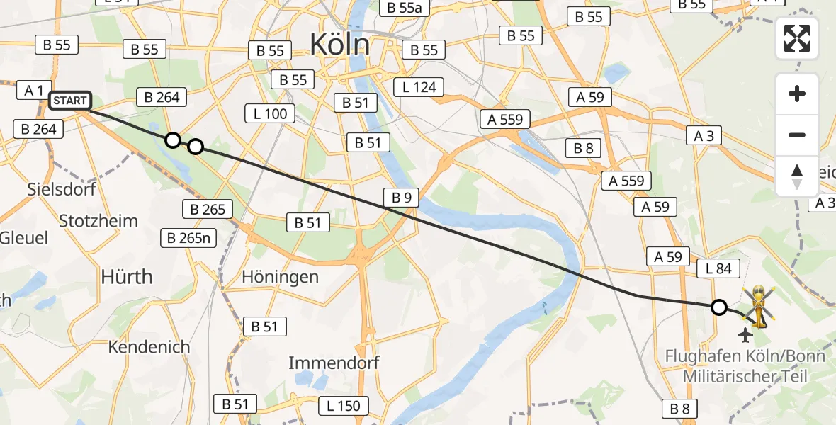 Flugroute Rettungshubschrauber Köln - Köln Bonn Flughafen, 22 April 2026, 18:30