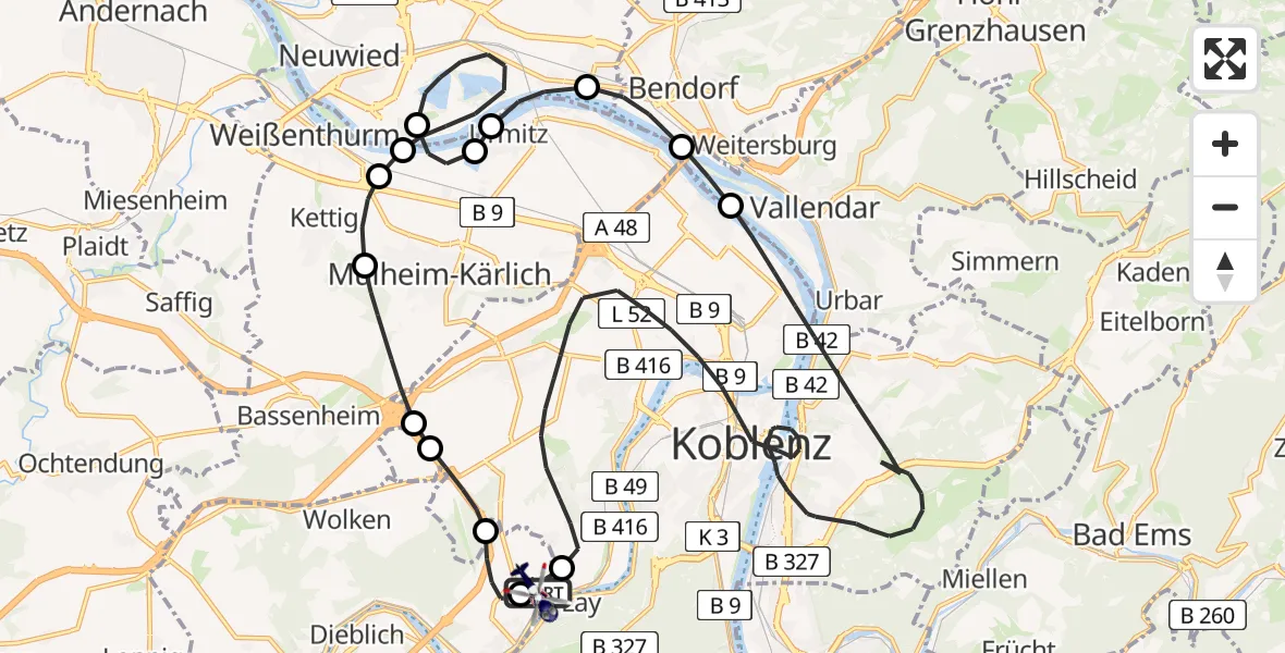 Flugroute Polizeihubschrauber Koblenz-Winningen Flugplatz - Koblenz-Winningen Flugplatz, 22 April 2026, 18:32