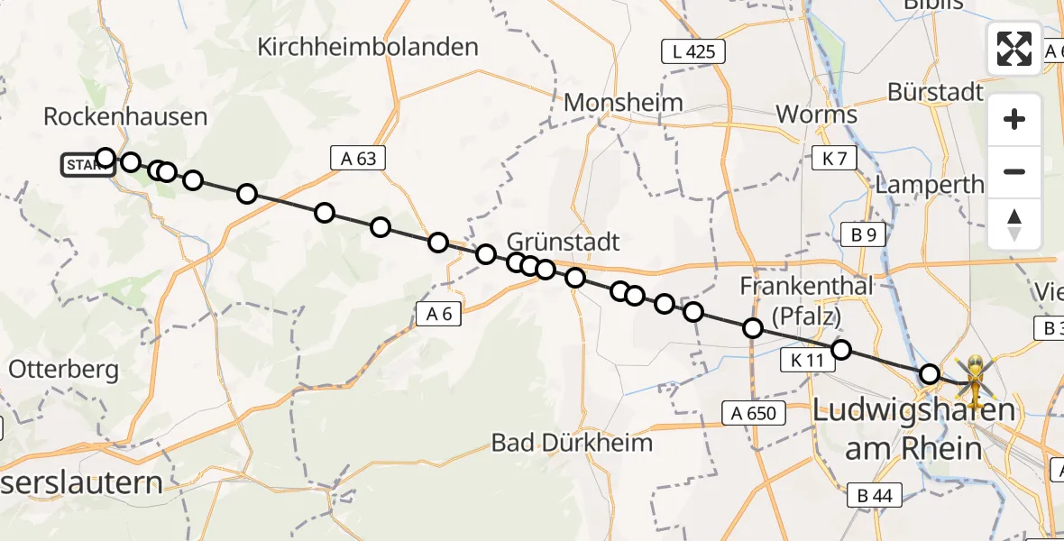 Flugroute Rettungshubschrauber Imsweiler UL - Mannheim, 22 April 2026, 18:33