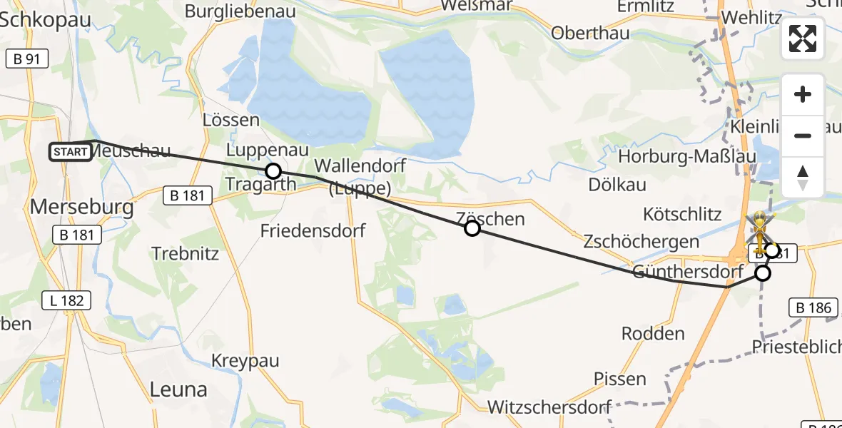 Flugroute Rettungshubschrauber Merseburg - ADAC Air Rescue Station Leipzig/Schkeuditz-Dölzig Hubschrauberlandeplatz (Christoph 61), 22 April 2026, 18:34