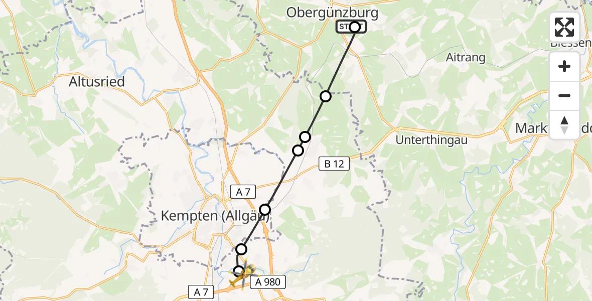 Flugroute Rettungshubschrauber Obergünzburg - Kempten-Durach Flugplatz, 22 April 2026, 18:34