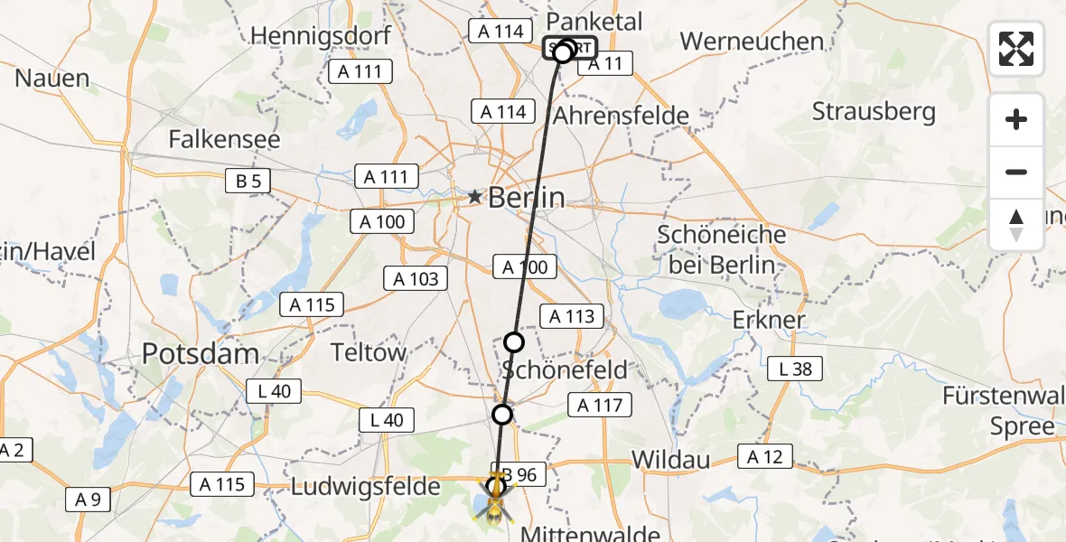 Flugroute Rettungshubschrauber Helios Clinic Berlin-Buch - Rangsdorf, 22 April 2026, 18:43