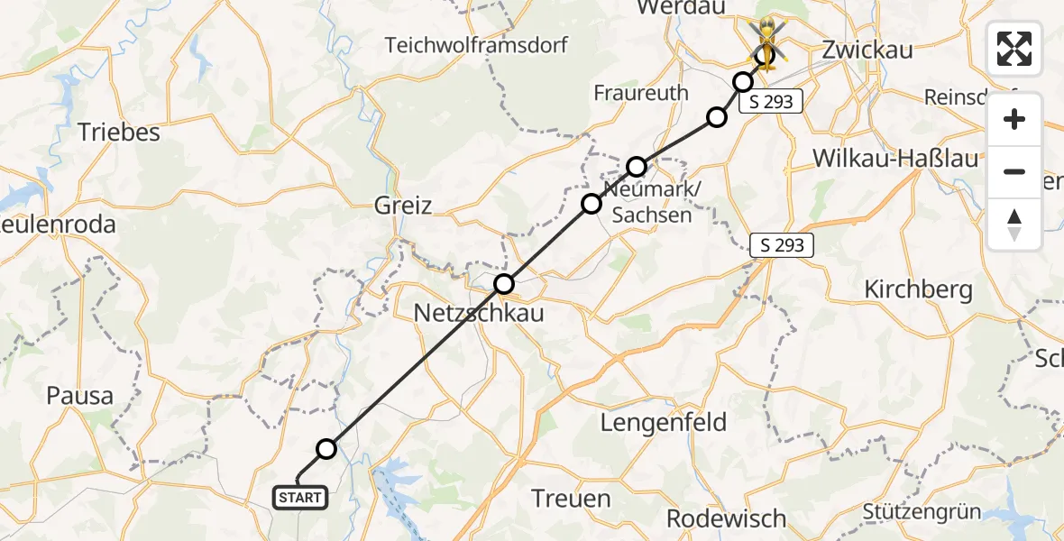 Flugroute Rettungshubschrauber Plauen - ADAC Air Rescue Station Zwickau Hubschrauberlandeplatz, 22 April 2026, 18:51