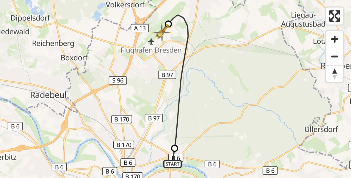 Flugroute Rettungshubschrauber Dresden Elbwiesen Hubschrauberlandeplatz - Dresden Bundespolizei Hubschrauberlandeplatz, 22 April 2026, 18:56