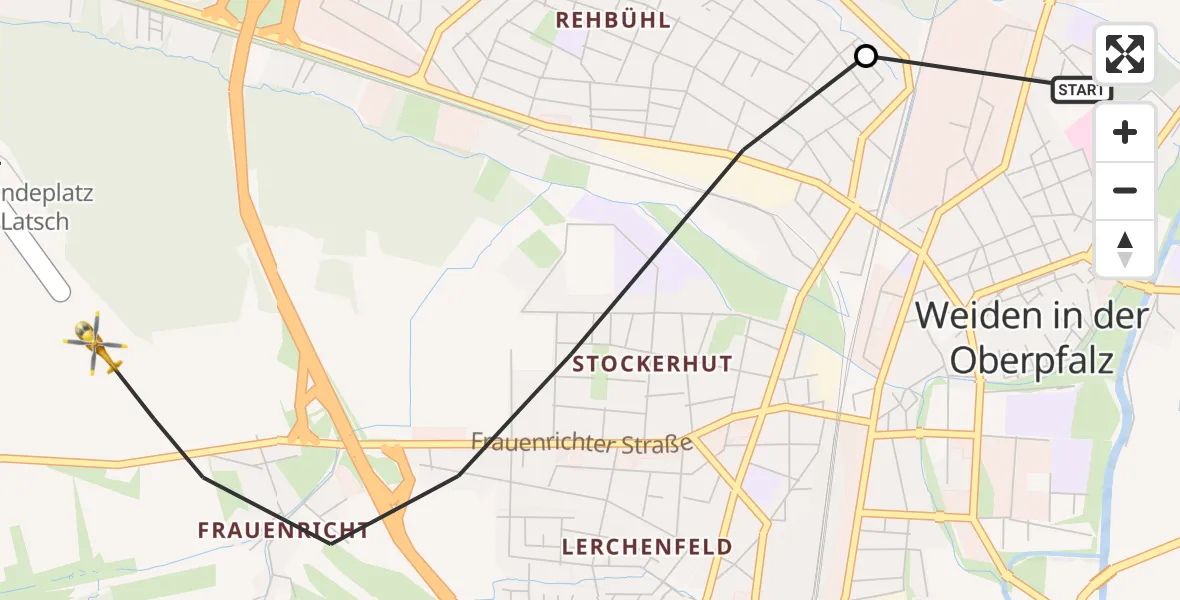 Flugroute Rettungshubschrauber Weiden Hospital - Weiden i.d.OPf., 22 April 2026, 19:06