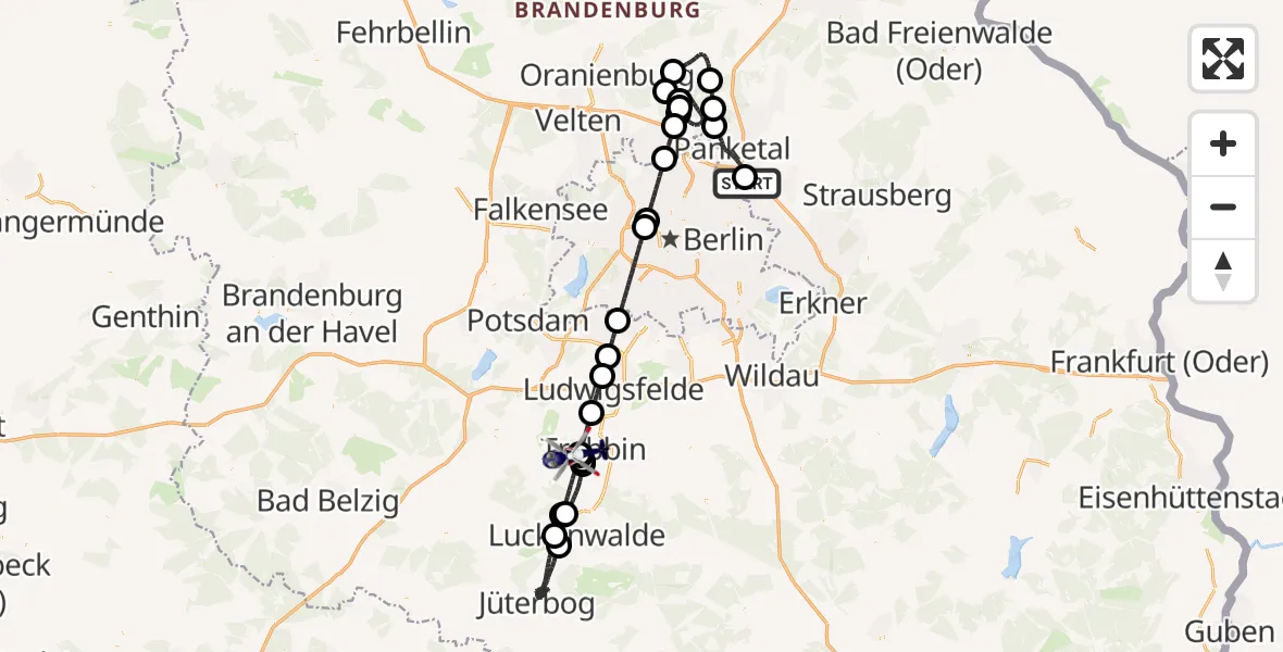 Flugroute Polizeihubschrauber Ahrensfelde Hubschrauberlandeplatz - Trebbin, 22 April 2026, 19:12