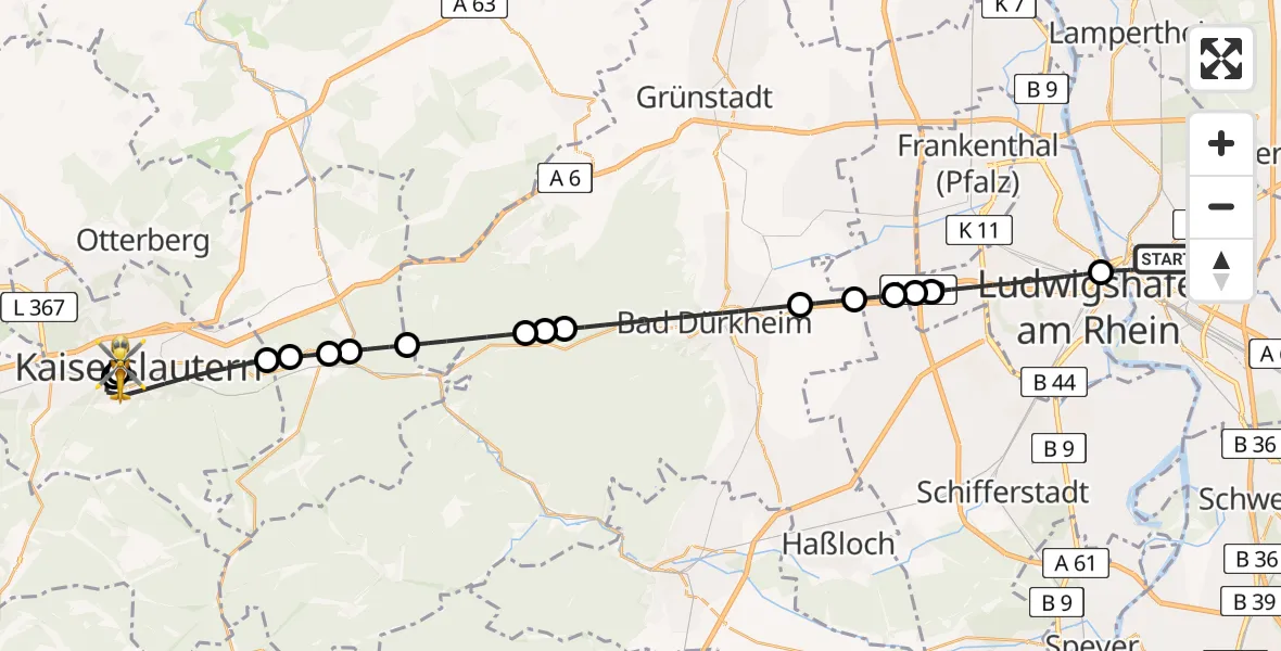 Flugroute Rettungshubschrauber Mannheim - Westpfalz Hospital Kaiserslautern, 22 April 2026, 19:21