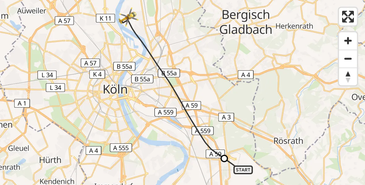 Flugroute Ambulanzhubschrauber Köln Bonn Flughafen - Köln, 22 April 2026, 19:40