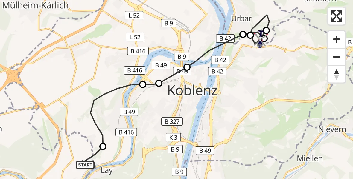 Flugroute Polizeihubschrauber Koblenz-Winningen Flugplatz - Koblenz, 22 April 2026, 19:41