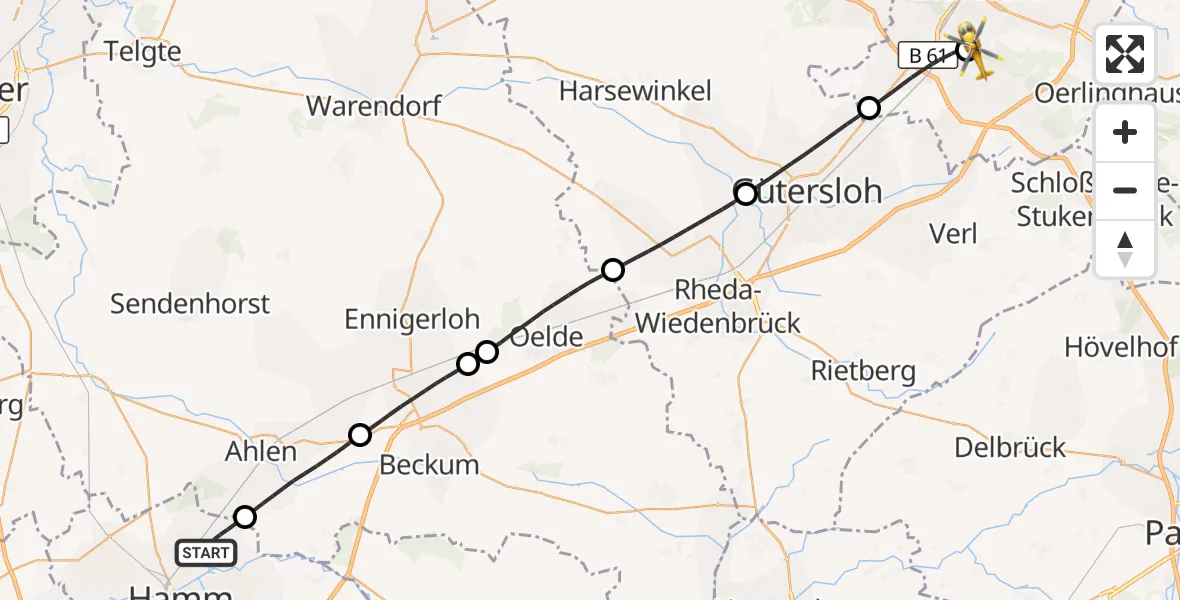 Flugroute Rettungshubschrauber Hamm - Luftrettungszentrum Bielefeld, 22 April 2026, 19:57