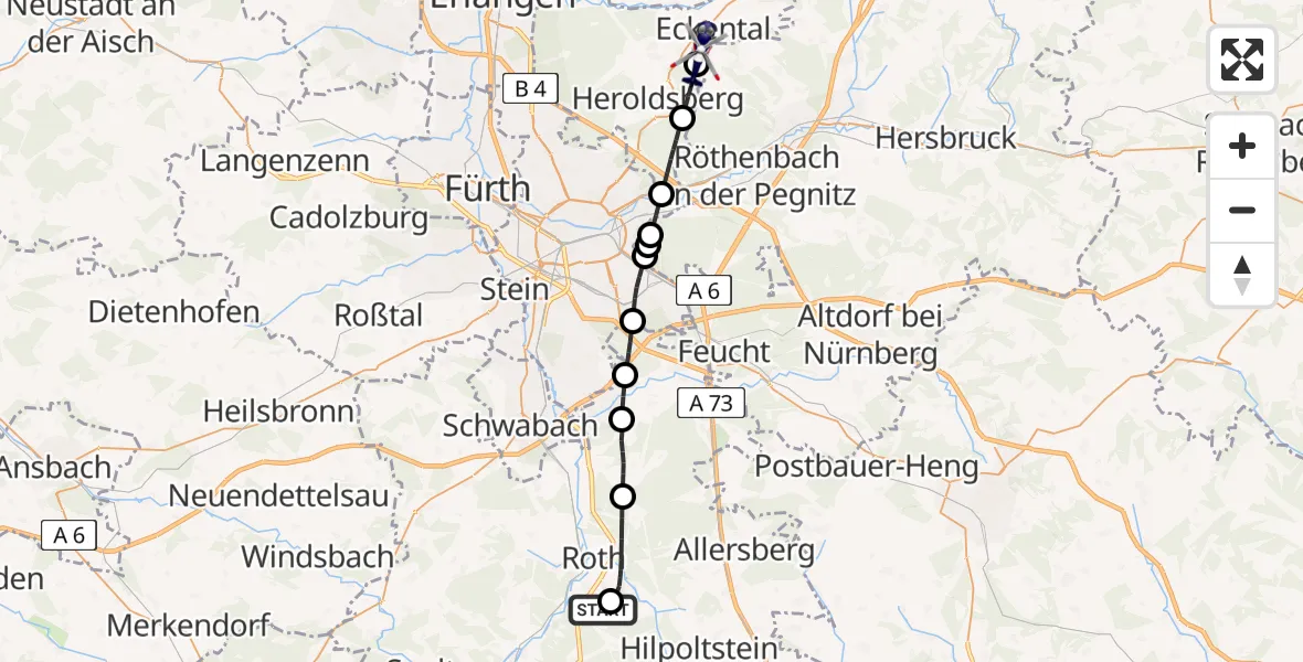 Flugroute Polizeihubschrauber Flugplatz Roth - Lauf a.d.Pegnitz, 22 April 2026, 19:59