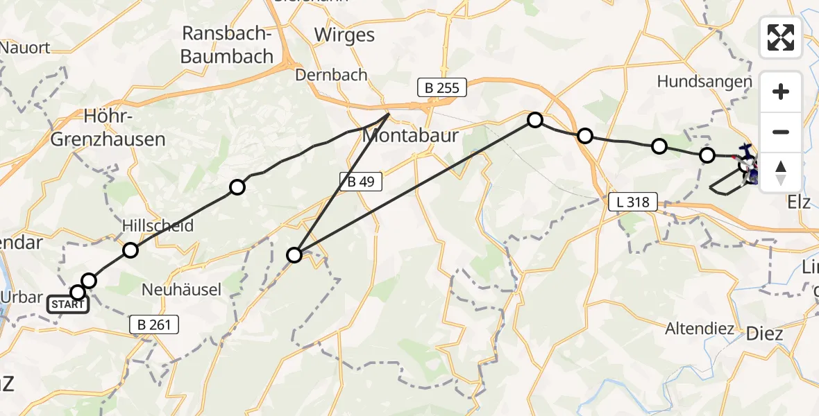 Flugroute Polizeihubschrauber Koblenz - Limburg-Elz Flugplatz, 22 April 2026, 19:59