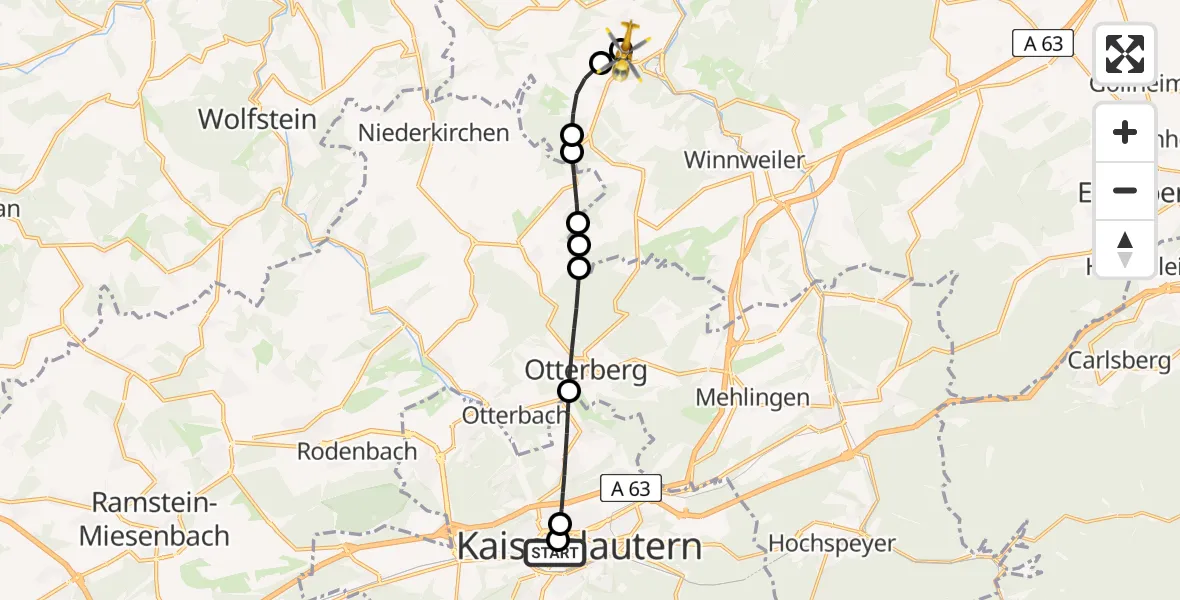Flugroute Rettungshubschrauber Westpfalz Hospital Kaiserslautern - Imsweiler UL, 22 April 2026, 20:01